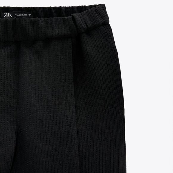 Black Zara High-Waist Textured Elastic Waist Relaxed Slit Hem Pants (NWT) - Picture 2 of 4
